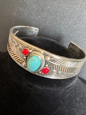 Silver Cuff Bracelet with Turquoise & Red Stone Accents